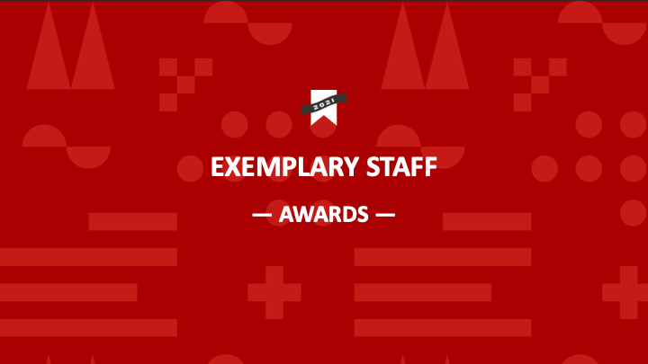 PowerPoint slide with section title Exemplary Staff Awards with red graphics