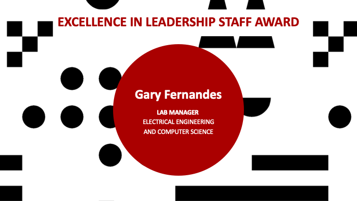 PowerPoint slide with awardee name with black, white and red graphics
