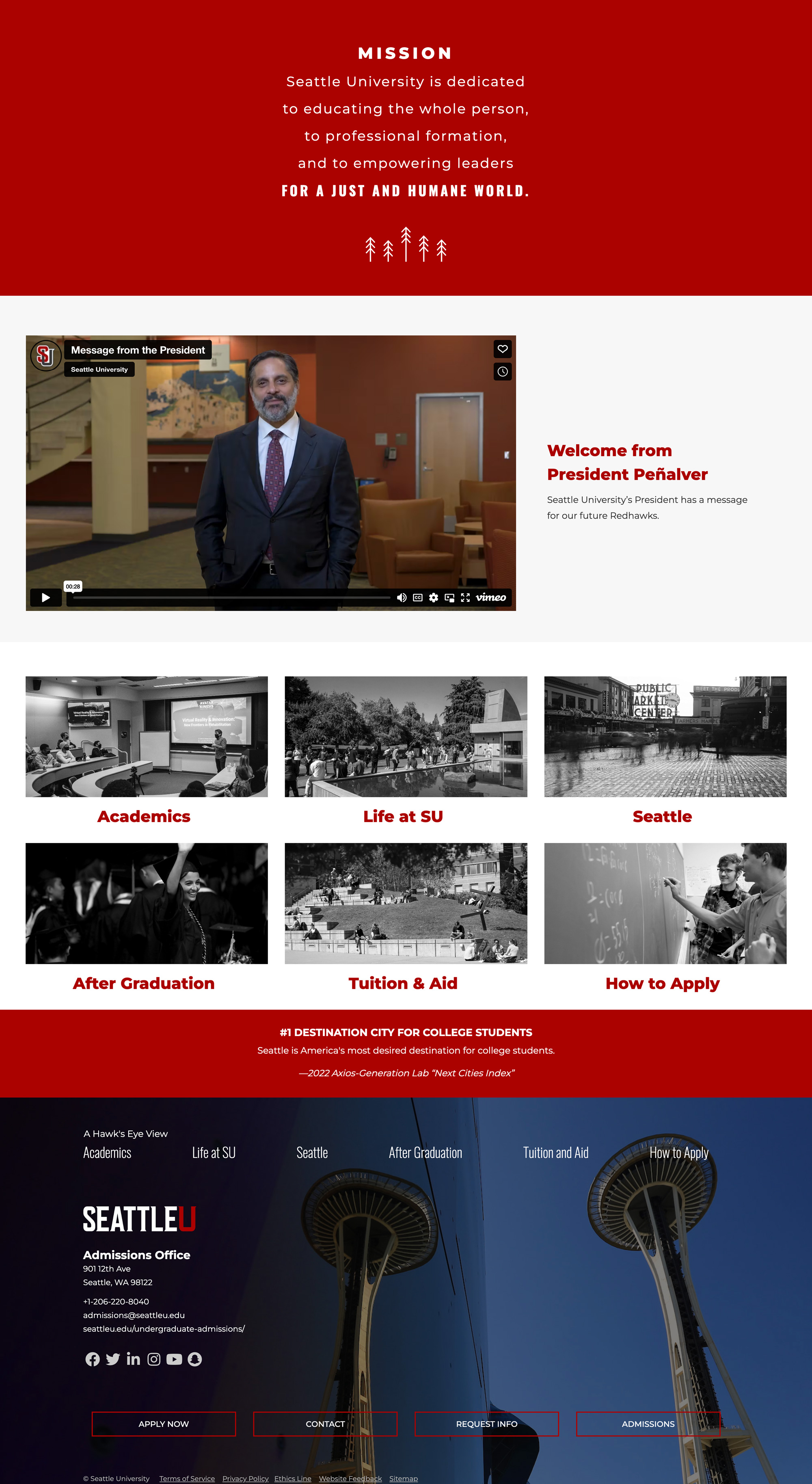 The rest of the viewbook landing page with mission statement, president's welcome video, and site menu